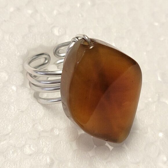 Amber Brown Rhombus Shape Ring Adjustable Band Handmade Semi Precious Ring - Picture 2 of 10